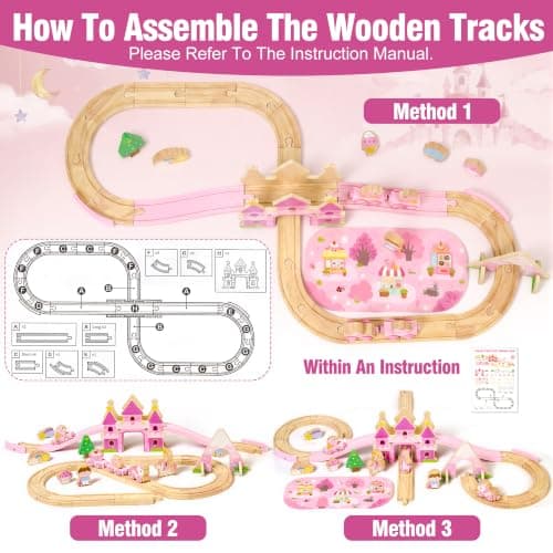 Princess Castle & Magnetic Trains, Compatible with Most Wooden Train Tracks, Birthday Gift for Girls 3 4 5 Year Old Atoylink Wooden Train Set for Toddler Girls, 40Pcs Pink Unicorn Train Toys B0H6HGYDWR