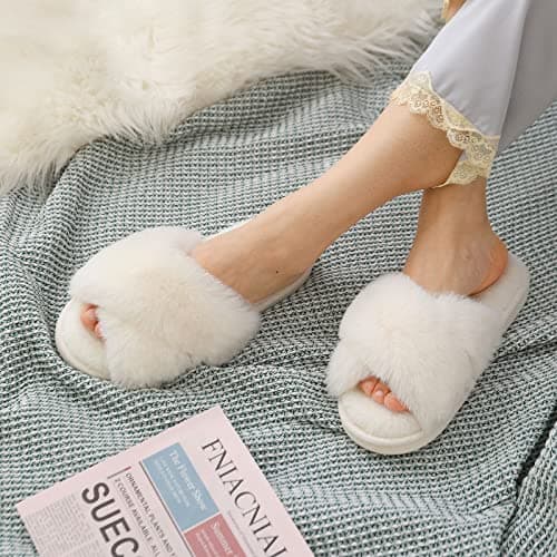 Evshine Women's Fuzzy Slippers Cross Band Memory Foam House Slippers Open Toe