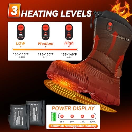 DEORFGO Heated Snow Boots for Men Women, Waterproof Insulated Shell, Hiking Winter Snow Boots, Insulated Fur Liner, Warm Outdoor Tall Boots