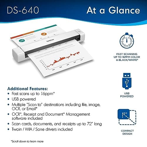 Brother DS-640 Compact Mobile Document Scanner, (Model: DS640) 1.5"x2"x11.9"