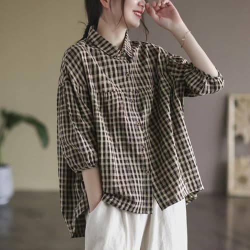 FEUSEUZ Korean Style Summer Shirt Women's Retro Cotton Linen Checkered Shirt Women's Loose Casual Short Sleeved top