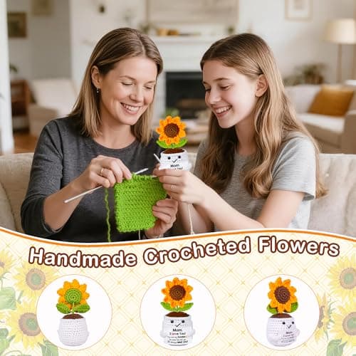 Gifts for Mom, Birthday Gift for Mom, Handmade Crochet Flowers Sunflower for Home Office Desk Decoration, I Love You Gifts for Moms Mama from Daughter Son Kids, Mothers Day, Xmas Present Idea