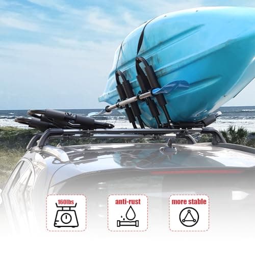FORWODE Premium Kayak Roof Rack, 2 Pair J-Bar Roof Rack, Folding Adjustable Rack, Heavy Duty Kayak Roof Carrier 2 Kayak, Canoe, SUV, Surfboard on SUV, Car and Truck Crossbar
