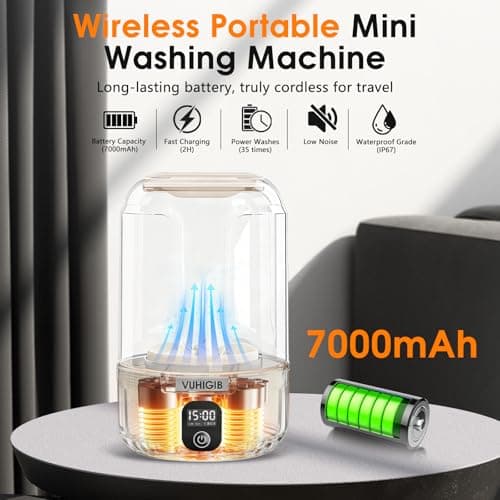 Portable Washing Machine, 7000mAh Rechargeable Wireless Washer with 10 PCS Clothespins Deep Cleans Baby Clothes Underwear Socks Delicates 1.5L Mini Washer for Travel Camping Dorm RV Apartment (Khaki)