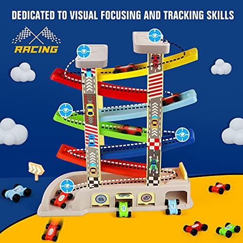 Race Track with Garages and Parking Lots, Car Toys Birthday Gift for Boys Girls Age 18+ Months, Preschool, Fine Motor Skills Montessori Toys for 2 3 Year Old Boys Toddlers, Car Ramp Toys with 6 Cars B08ZN3W7DV