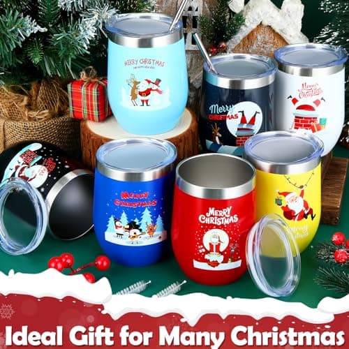 Layhit 7 Set Christmas Gifts Wine Tumbler with Lid Straw and Brush 12oz Insulated Stainless Steel Wine Cup Holiday Thank You Gift for Employee Coworker Operation Christmas(Classic Style)