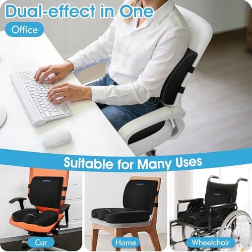 CushZone Ergonomic Seat Cushion & Lumbar Support Pillow - Memory Foam for Sciatica Pain Relief & Posture Correction, Non-Slip Chair Cushions for Office Chair/Car/Wheelchair/Travel (Black)