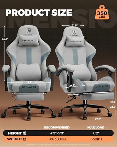 GTPLAYER Gaming Chair with Foot Rest & Pocket Spring Cushion, Ergonomic High Back Computer Desk Chair with Headrest & Lumbar Support for Back Pain Relief, Breathable Fabric, Mist-Blue