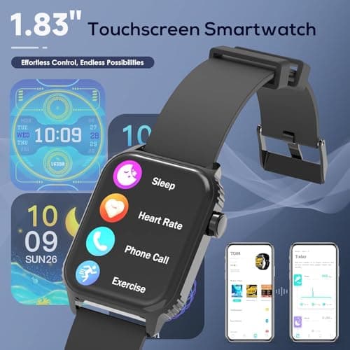 TRAUSI TRAUSI Smart Watches for Women Men, 1.83" HD Smartwatch with 110 Sports Modes, IP67 Waterproof, Bluetooth Call and Music Control；Heart Rate and Sleep Monitor (Black)