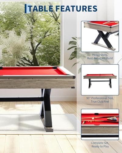 7 FT Pool Table, Complete Set with 2 Cues, 16 Balls, 2 Chalks, Triangle, Brush, K-Leg Construction, Adult Billiard Table for Home, Professional Black Cloth, Rustic Grey Finish, 84 L x 46 W x 32 H Inch