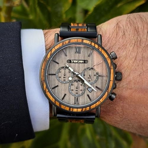 Vikingenes – Wooden Watches for Men, Engraved Wood Watch, Personalized Men's Gift, Viking Watches, Natural Wood Wristwatch, Luxury Wooden Chronograph, Custom Engraved Watch, Unique Gift for Men