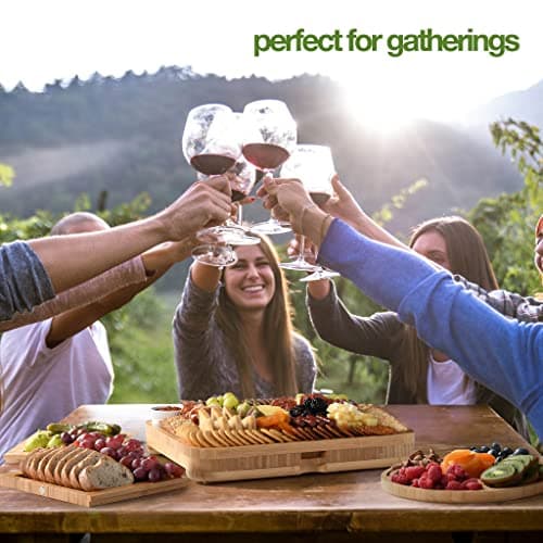 Complete Serving Set with Utensils & Trays, Entertaining, House Warming, Wedding, Bridal Shower & Birthday Gift for Women Bamboo Charcuterie Board Set, Large Cheese Board 3-Drawer with Accessories B0BKLRWSZW