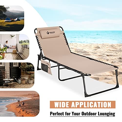 VILLEY Oversized Chaise Lounge Chair, Heavy-Duty Folding Outdoor Lounge Chair with 5 Adjustable Positions, Portable Trifold Beach Lounger for Patio, Beach, Lawn, Backyard, Camping – Beige