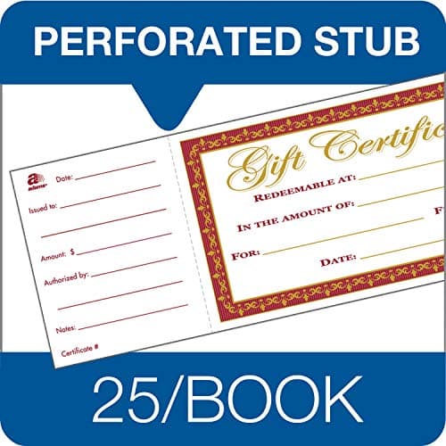Adams 1-Part Gift Certificates with Stub, 3-1/4" x 11", 25 Certificates/BK (GFTBK1)