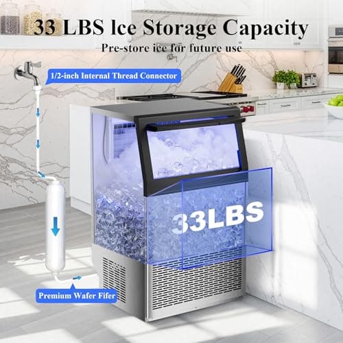 Commercial Ice Maker,200 lbs/24H,96 Cubes in 14 Mins,Stainless Steel Ice Machine with 33 lbs Storage Capacity,Water Filter,Self-Cleaning,Under Counter/Freestanding Ice Maker for Restaurant,Cafe,Home