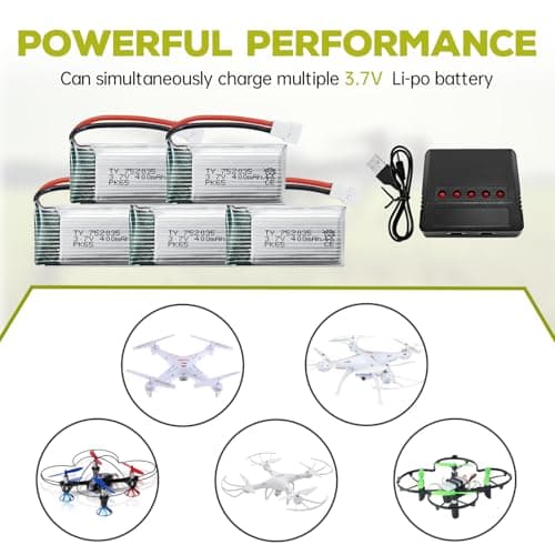 5PCS 3.7V 400mAh Lithium Battery with 5 in 1 Charger for SYMA Q11 H99W H31 H6C H98 AT-96 TR-C385 TR-P51 TR-F22 Quadcopter Spare Parts Aircraft Model Drone Battery (Black)