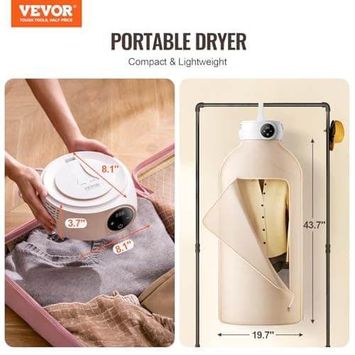 VEVOR Portable Clothes Dryer with Dryer Bag, PTC Heating & LED Display, Foldable Mini Dryer with 5-H Timer for Apartments, Dorms, RVs, or Hotels, 600W, Beige