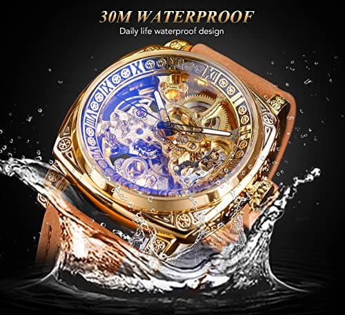 FORSINING Watches for Man, Square Retro Mechanical Watch Self-Wind Carved, Skeleton Automatic Watches Vintage Leather Strap Wristwatch
