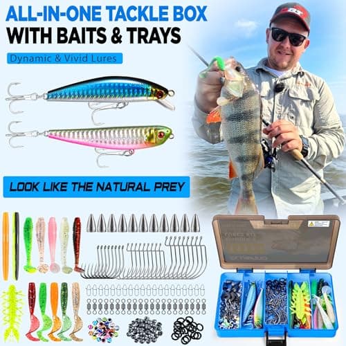 PLUSINNO Fishing Gear,Full Fishing kit Include Fishing Rod and Reel Combo, Tackle Box with Fishing Lures, Fishing Accessories, Fishing Pliers,Fishing Gifts for Men with Fishing Tool Kit