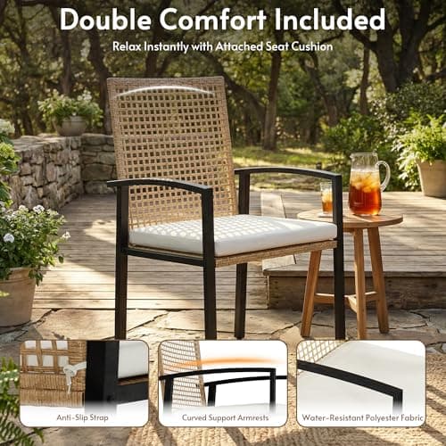 7-Piece Outdoor Dining Set for 6, Patio Dining Set with Hand-Woven Wicker Chairs & Cushions, 60" x 33" x 30" Wider Aluminum Woodgrain Table for Deck, Garden, Backyard