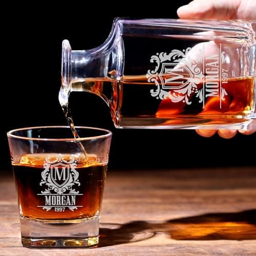 Personalized Whiskey Decanter, Custom Liquor Decanter 25oz, Engraved Whiskey Glass Set With Wood Gift Box Options, Whiskey Gifts for Men, Dad, Birthday, Retirement, Wedding (Square Decanter)