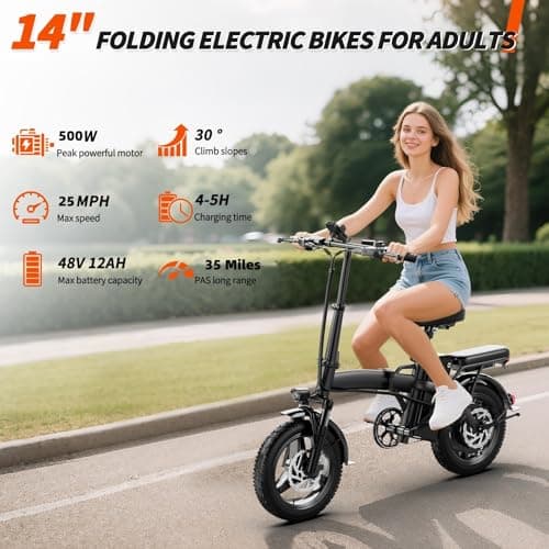 Folding Electric Bike for Adults, 500W Motor 25MPH & 35Miles Long Range, 14” Mini E-Bike with Removable 48V 576Wh Battery, UL Certified Electric Bicycle for Commuting & Teens