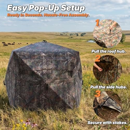 Hunting Blind 360 Degree See Through, 2-3 & 3-4 Person Pop Up Ground Blind for Deer and Turkey, Portable Camouflage Tent with Quiet Zipper Door and Carrying Bag