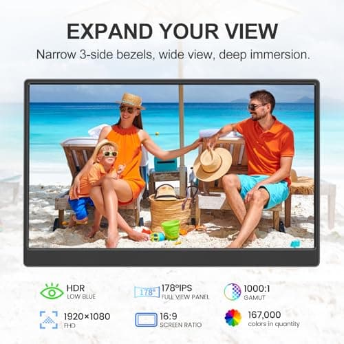 UFYQL Portable Monitor 15.6-inch FHD 1080P Ultra-Slim Travel External Monitor HDR IPS Gaming Display with Kickstand &Speakers USB-C HDMI Plug&Play,for Laptop PC Phone PS4/5 Xbox Switch