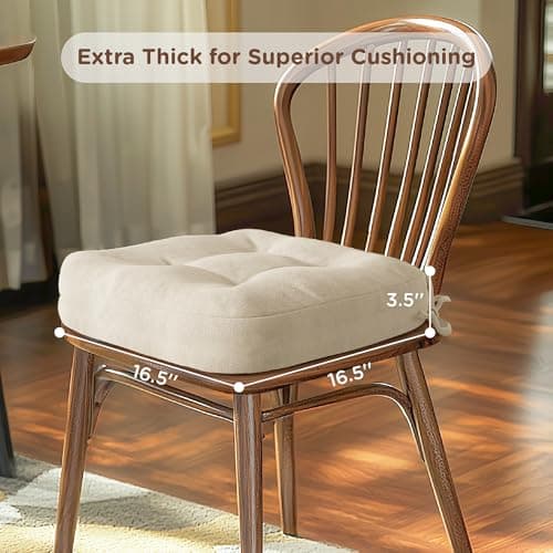 Codi Dining Chair Cushions 4 Pack, Thick Chairs Pads for Indoor Kitchen Room - Washable, Non-Slip Memory Foam Seat Cushion with Ties, 16.5"x16.5"x 3.5", Set of 4, Beige New