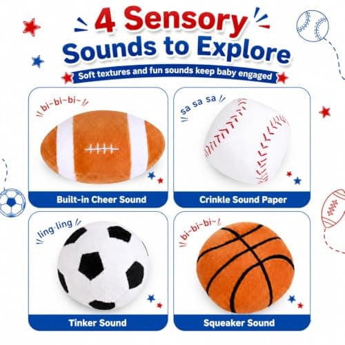 KMUYSL Baby Toys 0-12 Months, My First Sports Bag Plush Toy - 4 Sensory Balls Soft Toys with Crinkle, Rattles for 0-3-6-9-12 Month Newborn Infant, 1st Birthday for Babies Boys Girls Age 1