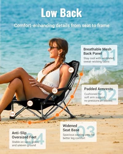 KingCamp Low Beach Chair, High Back Folding Camping Chair for Adults, Oversized Breathable Mesh Seat, 300lbs Heavy Duty Portable Chair with Cup Holder & Storage Pockets for Beach, Outdoor