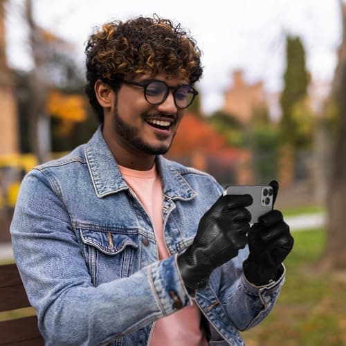 QOF Winter Genuine Leather Gloves for Men, Cashmere Warm Lined Finger Touchscreen Texting Driving Gloves