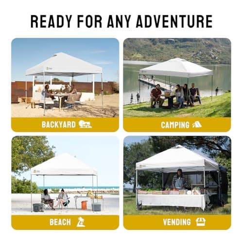 CROWN SHADES 10x10 Pop Up Canopy - Beach Tent with One Push Setup - Easy Outdoor Sun Shade for Events, Parties, Camping - Gazebo with STO-N-Go Cover Bag, Silver Coated Top, Grid White