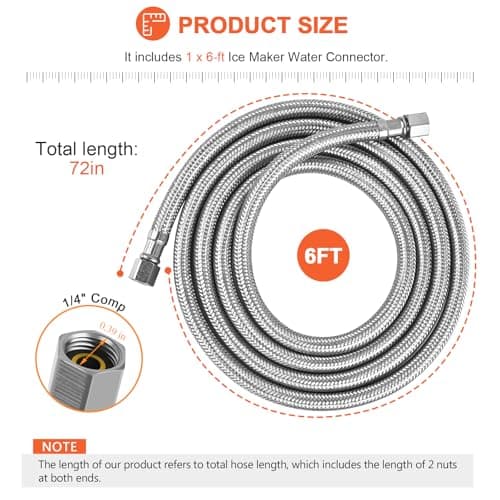 UPGRADE Ice Maker Water Connector Line by Beaquicy - 6 FT (72-Inch) Stainless Steel Braided Hoses with 1/4-in Compression x 1/4-in Compression