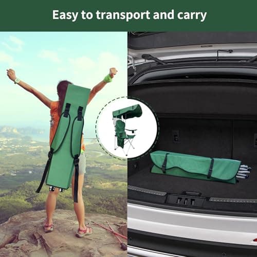 Portable Camping Chair with Canopy Shade - Folding Lounge Chair with Cup Holder & Side Pocket for Outdoor Camping, Fishing, Beach - Support 330 LBS - Green