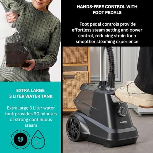 True & Tidy® Heavy-Duty Commercial Industrial Standing Garment Steamer for Clothes, 1800 watts, XL 3L water tank 90+ mins of Steam 3 Steam Settings, Step On/Off Control, Wheels for Easy Movement