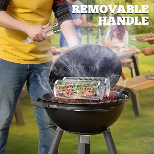 Rolling Grill Basket, Removable Wooden Handle, 304 Stainless Steel, Nesting Smoker Net, BBQ Accessories Tools for Vegetable Shrimp, Outdoor Cooking Camping, Birthday Gifts for Men Dad Husband