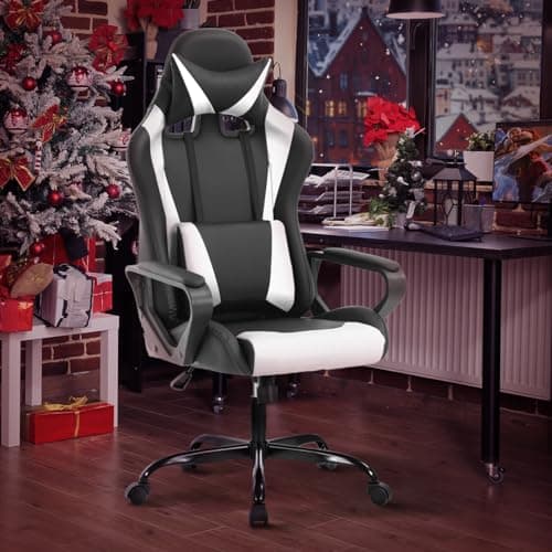 Gaming Chair Office Chair High-Back Ergonomic Video Game Chairs for Kids Teen Adult Height Adjustable Reclining Computer Chair with Lumbar Support Armrest Headrest Game Chair - White