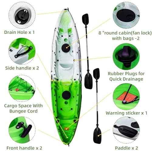 Fishing Kayaks, 12.4FT, 2-3 Person Sit on Top Kayak for Adults with Paddle & Comfortable Seat, Capacity of 600LBS, Hard Shell Recreational Ocean Kayak Boat