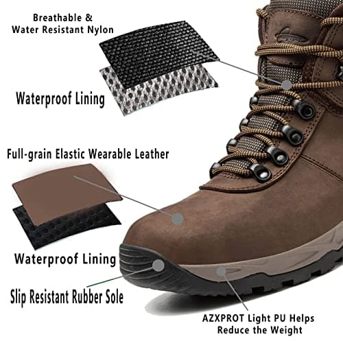 AZXPROT Waterproof Hiking Boots for Men, 6" Comfortable Soft Toe Shoes Mid Non Slip Hiking Shoes Outdoor Travel Shoes Leather Hiking Backpack Boots