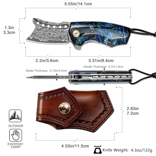 VNLA Handmade VG10 Damascus Steel Folding Pocket Knife - 2.2-Inch Blade, Liner Lock, One-of-a-Kind Random Resin Handle, Cowhide Sheath - Premium Men's EDC Gift for Outdoor Enthusiasts