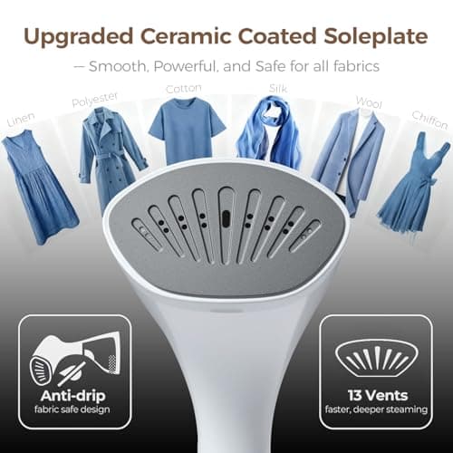 Mafilise Steamer for Clothes, 20S Heat Up, 1500W & 3 Steam Settings, Ceramic Soleplate with 13-Vent, 2-in-1 Clothing Iron Wrinkle Removal for All Fabrics, Portable & Travel-Ready