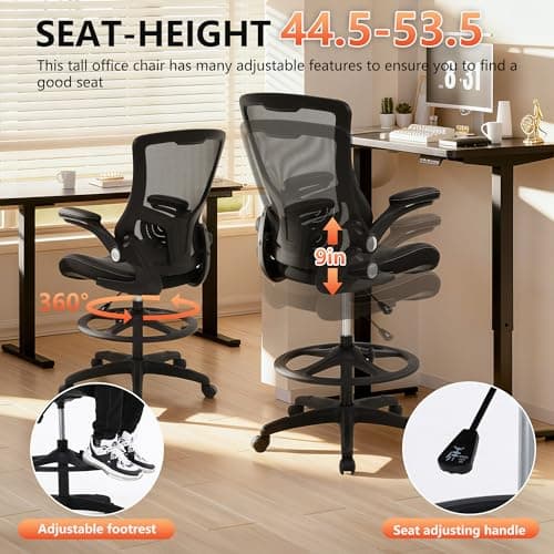BestOffice Drafting Chair Ergonomic Tall Office Chair Standing Desk Chair with Flip Up Arms Foot Rest Back Support Adjustable Height Mesh Drafting Stool, Dark Black