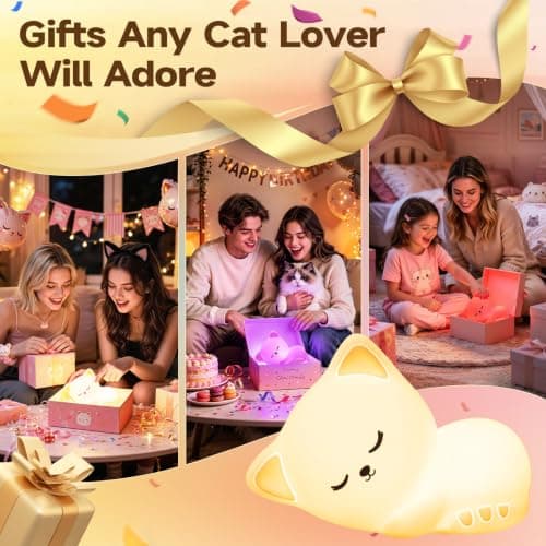 5-Level Dimmable Tap Night Light with Rechargeable Battery. Cute Stuff,Cat Room Decor & Gifts for Women,Adults, Teens & Kids. Mubarek Sleepy Cute Cat Gifts - 16-Color Silicone Night Light with Remote B0D8QGT88D
