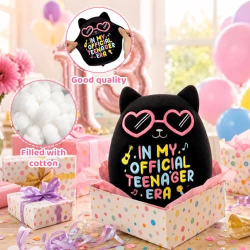 In My Official Teenager Era Gifts, 8" Soft Cute Plushie for Teens Birthday Party Decor 13 Year Old Girl Gifts, Black Cat Birthday Stuffed Animal B0GYX9123J