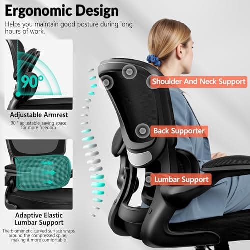 BESTFAIR Office Chair Ergonomic Desk Chair, Breathable Mesh Comfy Chair with Lumbar Support, Computer Chair, Home Desk Chair with Flip-up Armrests, Gaming Chair for Adults Home Office (Black)