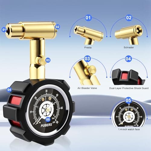 Schrader and Presta Bicycle Tire Pressure Gauge 60 PSI / 4 Bar, Tire Air Pressure Gauge Luminous Dial, Suitable for Car, Motorcycle, Bike, SUV