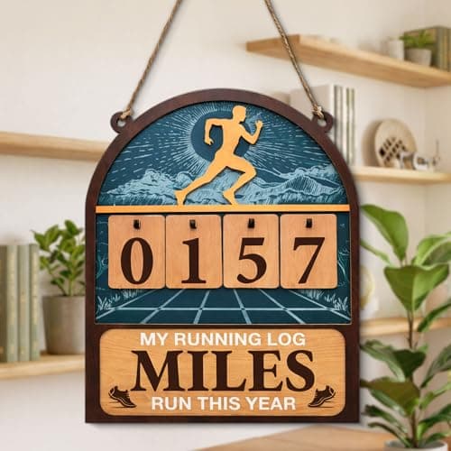 Wooden Yearly Running Log Counter Home Decor, Marathon Runner Gifts Miles Run This Year Tracker Sign Running Gifts for Runners Men Women B0GKP9JPVN