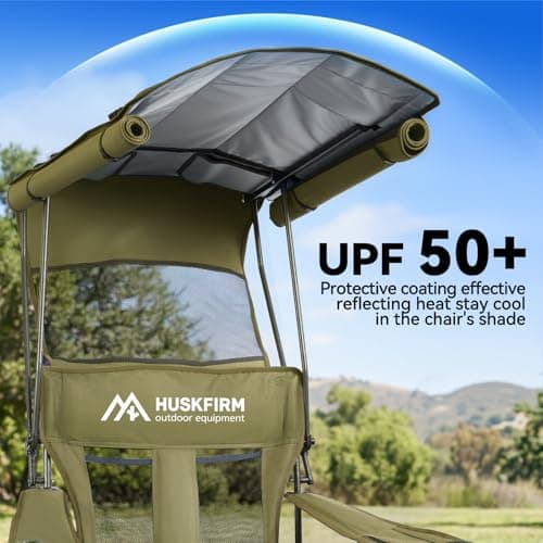 Huskfirm Camping Chair with Canopy Shade - Folding Beach Chair with UPF 50+ Sun Shade, Cup Holder, Side Pocket, Portable Sports Chair for Adults Support 330 LBS, Fishing Camp Outdoor Lawn Chair Green