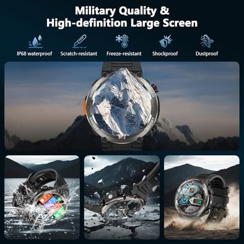 IOWODO Military Smart Watch for Men -100-Day Long Battery Life,Fitness Tracker with LED Flashlight/Compass,Heart Rate Monitor,120+ Sports Modes,IP68 Waterproof,Bluetooth Call Smartwatch for iOSAndroid